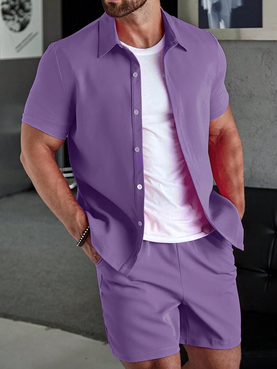 Manfinity Homme Men Solid Shirt & Shorts Without Tee - Purple - View 1