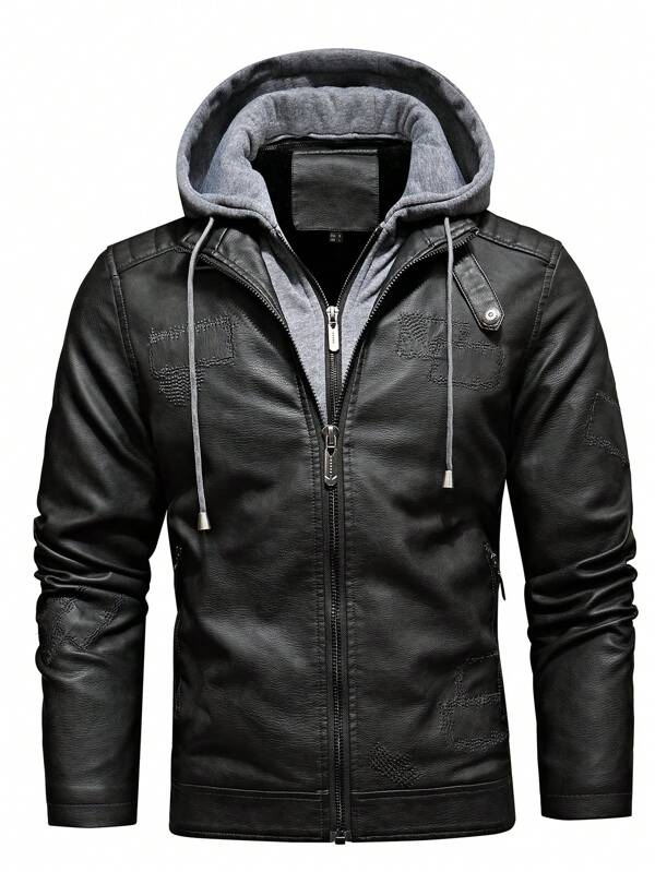 Men Zip Up Drawstring Hooded PU Jacket