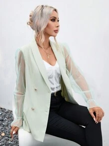 SHEIN Privé Contrast Mesh Flounce Sleeve Shawl Collar Double Breasted Blazer - Mint Green - View 6