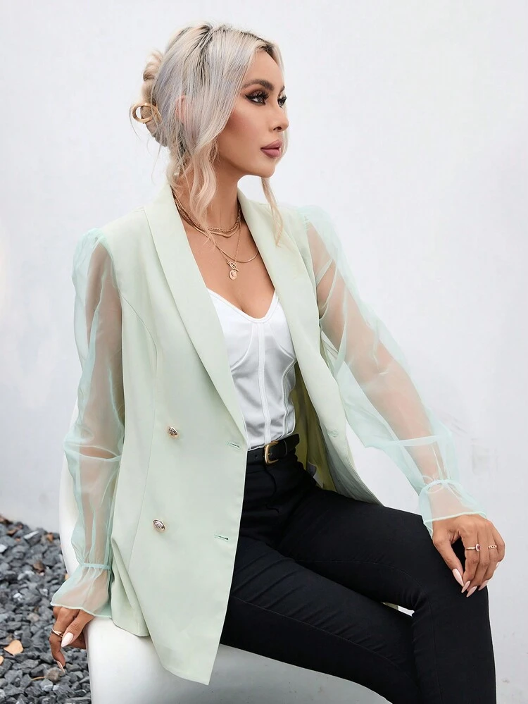 Contrast Mesh Flounce Sleeve Shawl Collar Double Breasted Blazer