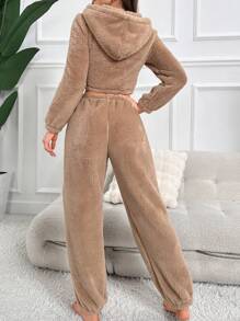 抽繩純色女士家居服套裝 - 卡其色 - 查看 2