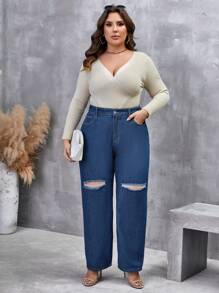 SHEIN LUNE 大碼破洞直筒牛仔褲 - 中等水洗藍 - 查看 5