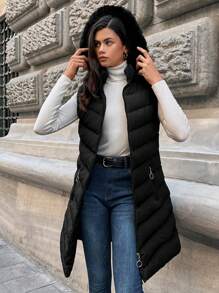 EURMUSE Zip Up Hooded Puffer Vest Coat - Black - View 1