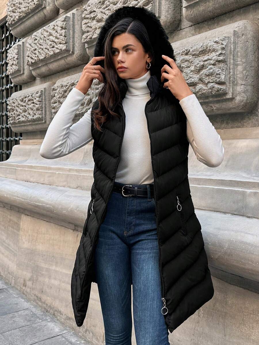 EURMUSE Zip Up Hooded Puffer Vest Coat - Black - View 1