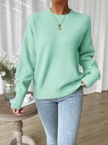 SHEIN Frenchy Chất rắn Thả vai Áo len - Màu xanh nhạt - Xem 4