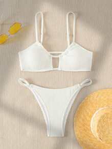 Bonvoyette 2026 Spring/Summer Women's Adjustable Spaghetti Strap Drawstring Waist Side Adjustable Thong Bikini Sexy Vacation White Two Pieces Swimsuit - White - View 2