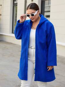 SHEIN Cottnline Plus Zipper Front Hooded Overcoat - Royal Blue - View 5