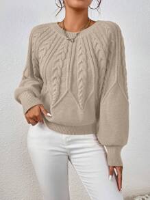 EMERY ROSE Solid Cable Knit Lantern Sleeve Knit Pullover Fall Winter Sweater - Apricot - View 4