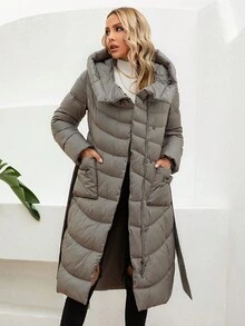 GASMAN Zip Up Snap Button Belted Hooded Belted Padded Coat - Grey - View 6