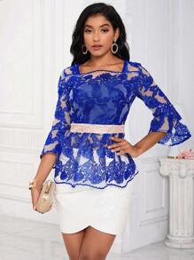 SHEIN Lady Floral Embroidery Flare Sleeve Peplum Blouse
