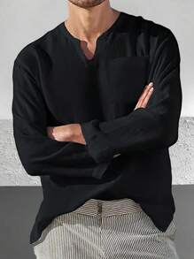 Manfinity Homme 男士實色口袋拼接領口襯衫 - 黑色 - 查看 1