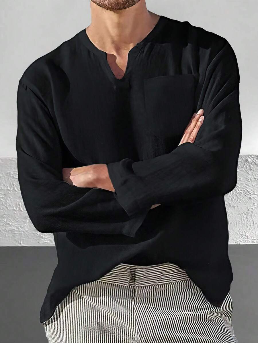 Manfinity Homme 男士實色口袋拼接領口襯衫 - 黑色 - 查看 1