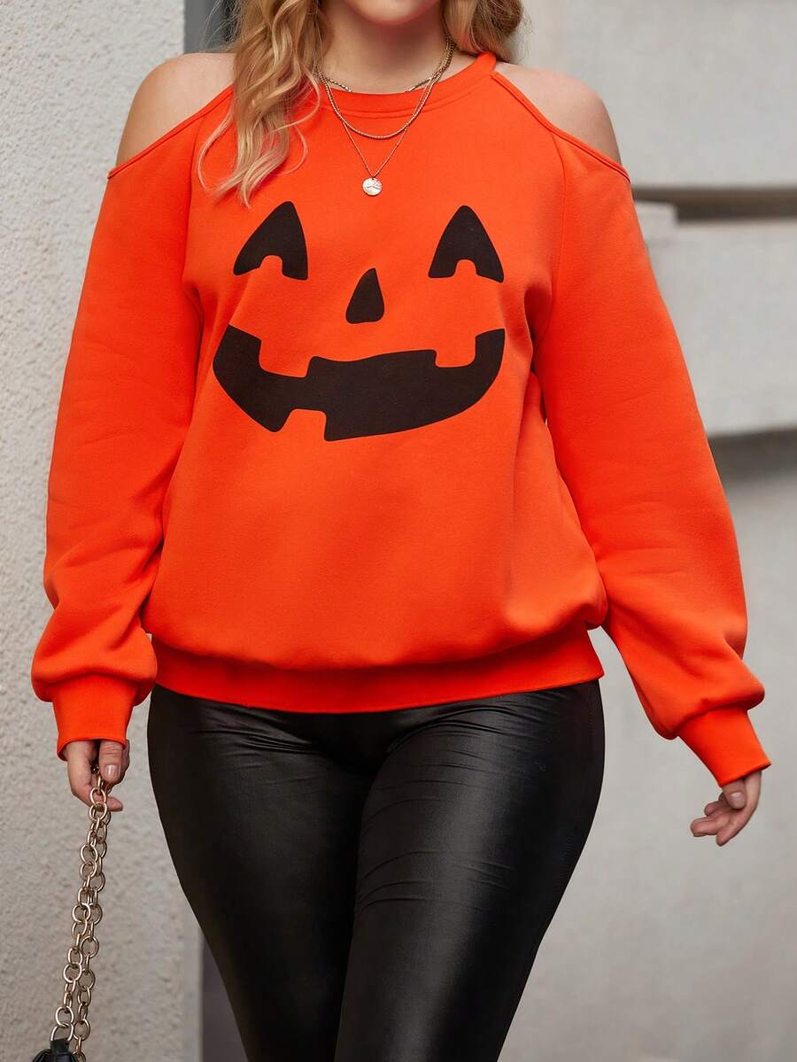 SHEIN Franclia 大碼萬聖印花挖肩運動衫 - 橘色 - 查看 1