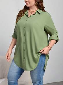 SHEIN Essnce 纯色正面纽扣衬衫 - 綠色 - 查看 1