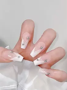 Upgrade Your Look With 24pcs Long Coffin White French Jelly Rhinestone Decor Fake Nail & 1pc Nail File & 1sheet Nail Tape Press On Nails Nail Supplies - Multicolor - View 7