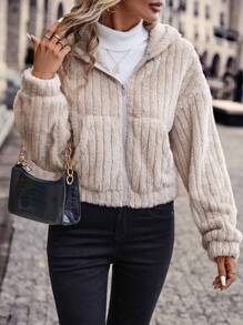 SHEIN Frenchy Zip Up Drop Shoulder Hooded Flannel Jacket In Fall/Winter Casual - Apricot - View 5