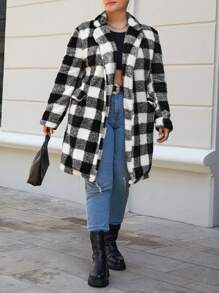 SHEIN Cottnline Plus Buffalo Plaid Pattern Lapel Neck Teddy Coat - Black and White - View 3