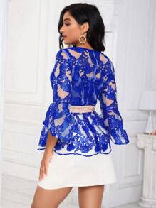 SHEIN Lady Floral Embroidery Flare Sleeve Peplum Blouse