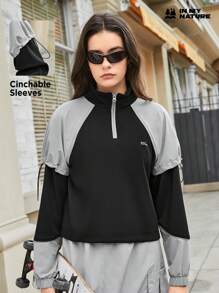 SHEIN Sports Áo khoác nỉ ngoài trời tay raglan cổ kéo nửa thân, in chữ phối màu, họa tiết. - màu đen - Xem 1
