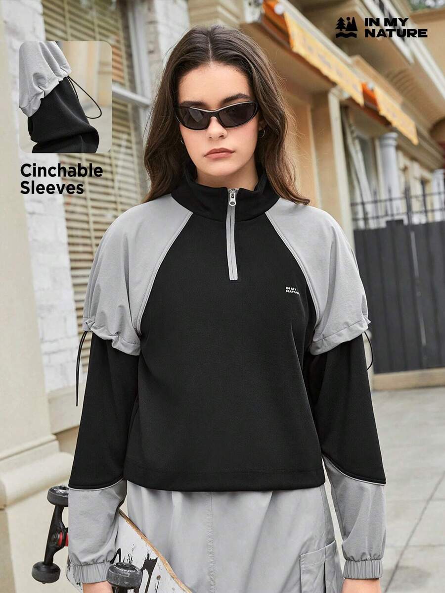 SHEIN Sports Áo khoác nỉ ngoài trời tay raglan cổ kéo nửa thân, in chữ phối màu, họa tiết. - màu đen - Xem 1