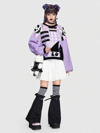 Kawaii Patchwork Pattern Drop Shoulder Sweater
