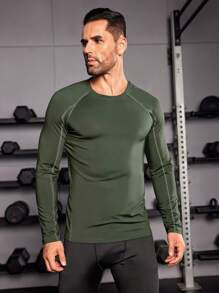 1pc Contrast Top-stitching Sports Tee - Army Green - View 6