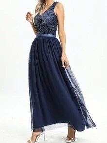 Contrast Sequin Mesh Prom Dress - Navy Blue - View 4