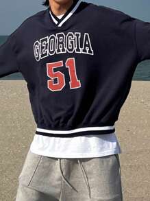 DAZY 男士字母图案条纹V领卫衣，秋季商务装 - 藏蓝色 - 查看 3