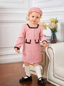 SHEIN Baby Girl Plaid Print Contrast Trim Dress - Pink - View 5