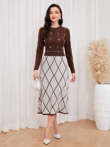 Modelyn Argyle Pattern Pearls Beaded Sweater Dress - Coffee Brown - View 3