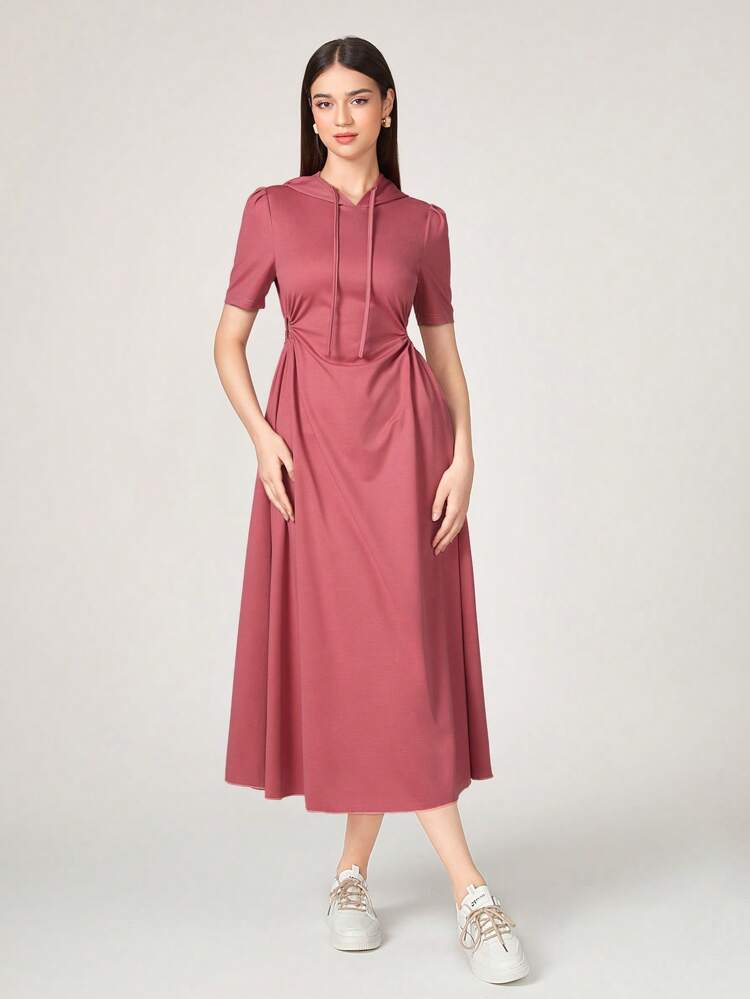 Solid Drawstring Hooded A-line Dress