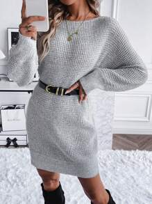 SHEIN LUNE Women Sweater Dresses Rib-Knit Plain Casual - Grey - View 3