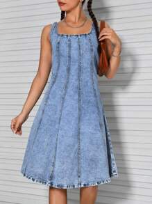 SHEIN PETITE Square Neck Tank Denim Dress - Medium Wash - View 2
