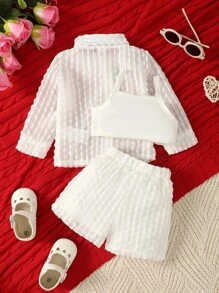 SHEIN Vintaside Kids Baby Girl Solid Cami Top & Shorts & Button Up Shirt - White - View 2