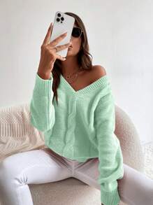 EMERY ROSE Cable Knit Drop Shoulder Sweater,Long Sleeve Tops Knit Pullover Fall Winter Outfit - Mint Green - View 3