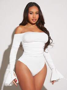 SHEIN SXY Off Shoulder Flare Sleeve Ruched Bodysuit - White - View 5