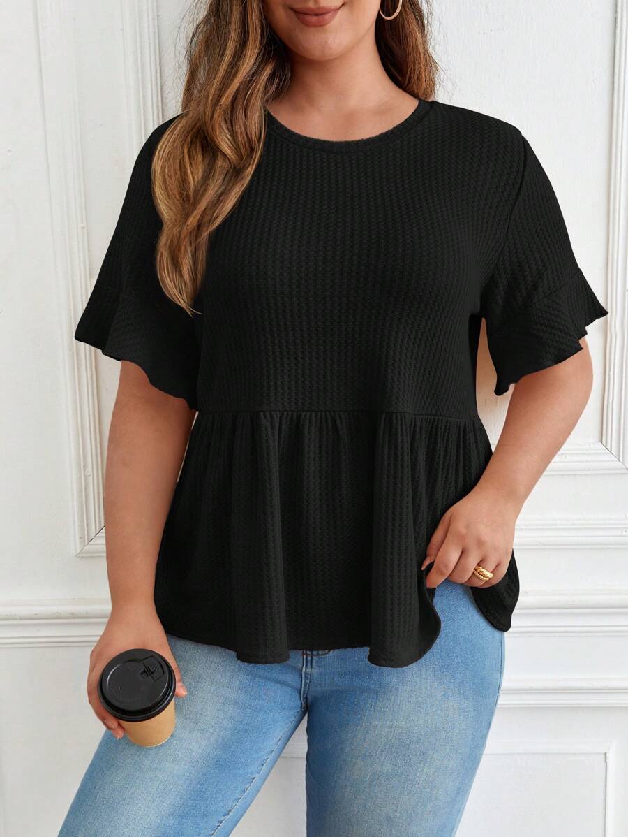 SHEIN Frenchy Plus Waffle Knit Flounce Sleeve Peplum Tee