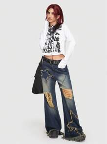 ROMWE Grunge Punk Ripped Wide Leg Jeans, School - Blue - View 2