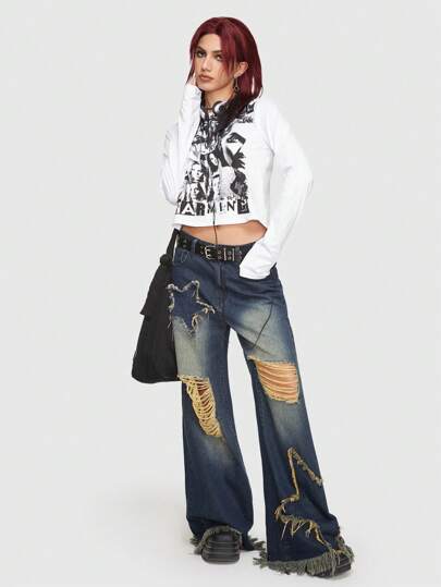 Grunge Punk Jeans de pierna ancha rasgados, escuela