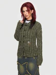 ROMWE Grunge Punk Space Dye Drop Shoulder Cardigan - Green - View 4