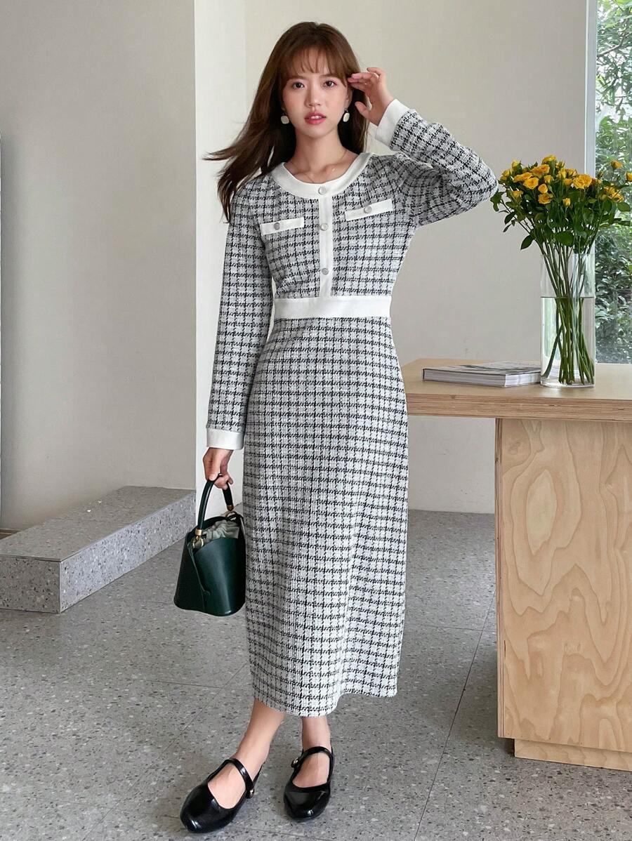 FRIFUL Plaid Print Contrast Trim Button Detail Dress - Black and White - View 1