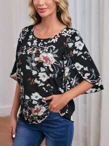 EMERY ROSE Floral Print Petal Sleeve Blouse - Black - View 3