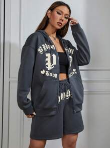 SHEIN Unity 字母圖案拉鏈開襟落肩袖抽繩連帽衫和短褲 - 灰色 - 查看 3