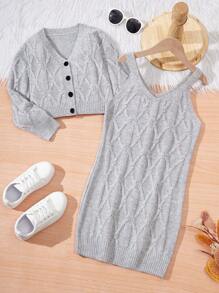SHEIN Chica preadolescente Vestido de punto tejido de cable & Cárdigan