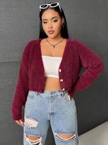 SHEIN EZwear Plus Solid Raglan Sleeve Fluffy Knit Cardigan - Rose Red - View 4