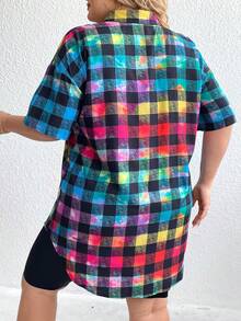 SHEIN LUNE 大碼格紋印花落肩袖襯衫 - 彩色 - 查看 2