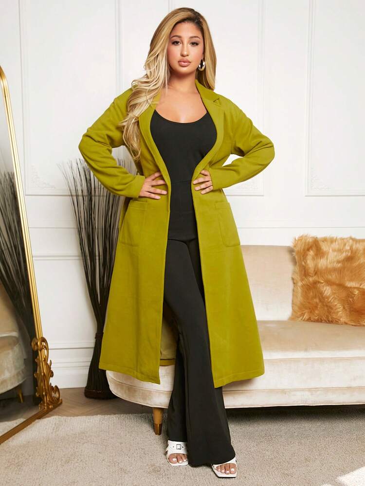 Lapel Neck Pocket Patched Belted Overcoat