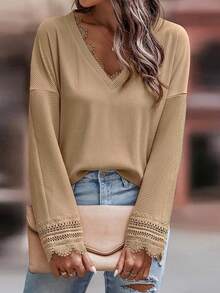 Guipure Lace Trim Drop Shoulder Tee - Khaki - View 7