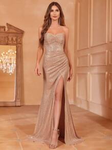 Faeriesty Ruched Front Split Thigh Sequin Tube Party Dress - Champagne - View 2