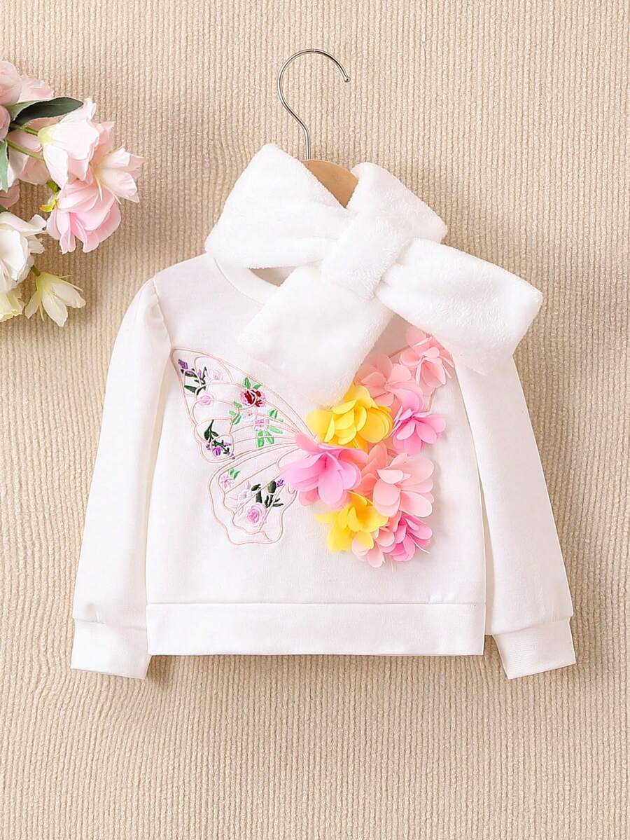 女嬰花卉刺繡貼花運動衫和圍巾 - 彩色 - 查看 1